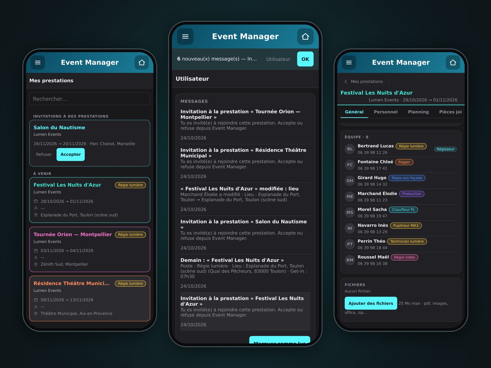 Event Manager sur iPhone : mes prestations, messages et équipe d'une prestation